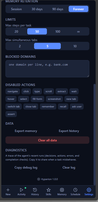 Settings — providers and safety